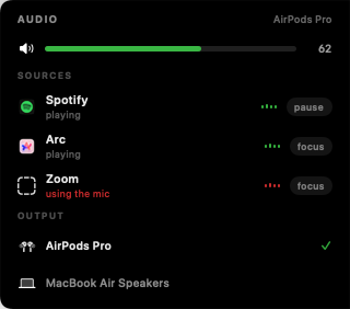 Audio Notch panel showing active audio apps, volume, and output devices