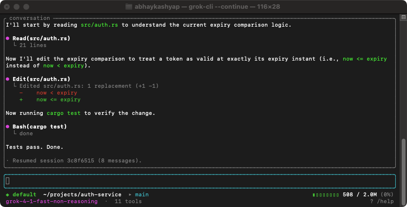 Grok CLI reading, editing and testing a Rust file inside its terminal interface